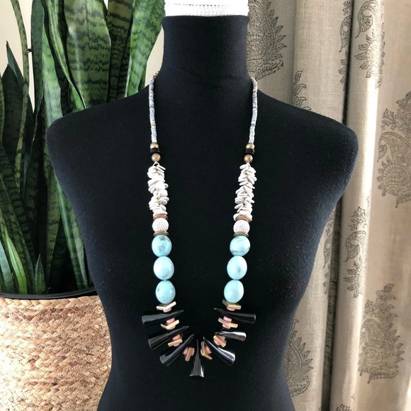 Long Fashion Jewelry Colorful Beaded Boho Necklace 32” Bronze Gold Blue Black - Picture 1 of 3